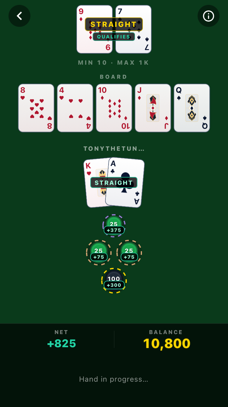 Hammerhead Hold'em hand showing a 9-7 hole, a 5-card community board, and a Straight Qualifies callout