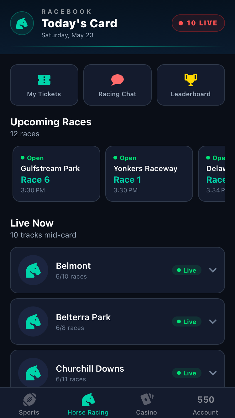 Racebook showing today's card with Belmont, Belterra, and Churchill Downs live