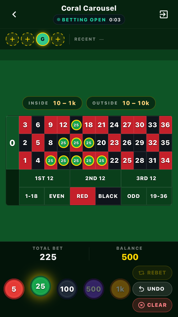Roulette table with bets stacked on multiple numbers
