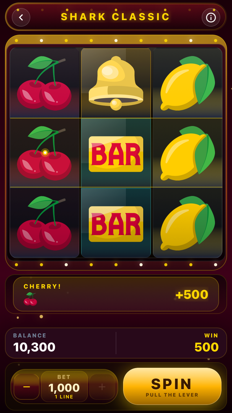 Shark Classic slot machine showing BAR, bells, cherries and lemons on three reels with a 500-chip cherry win