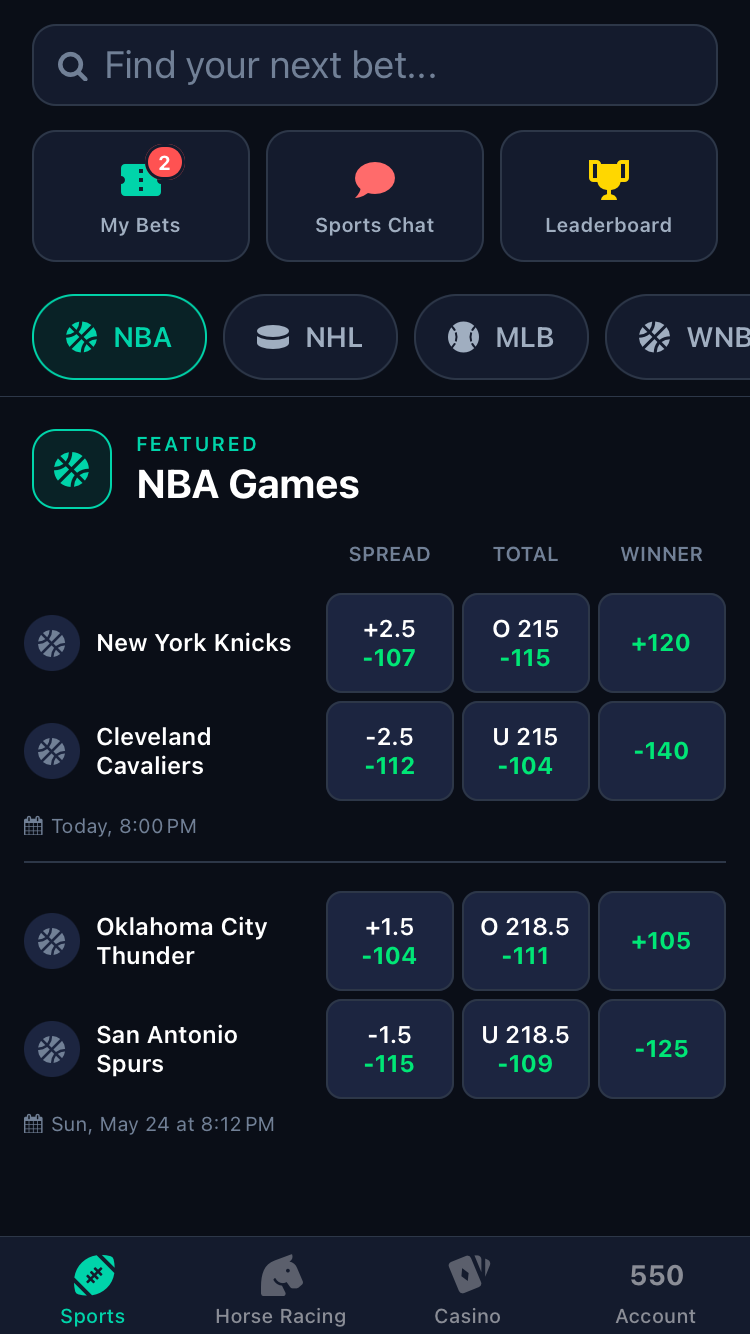NBA spreads, totals and money lines in the Shark sportsbook