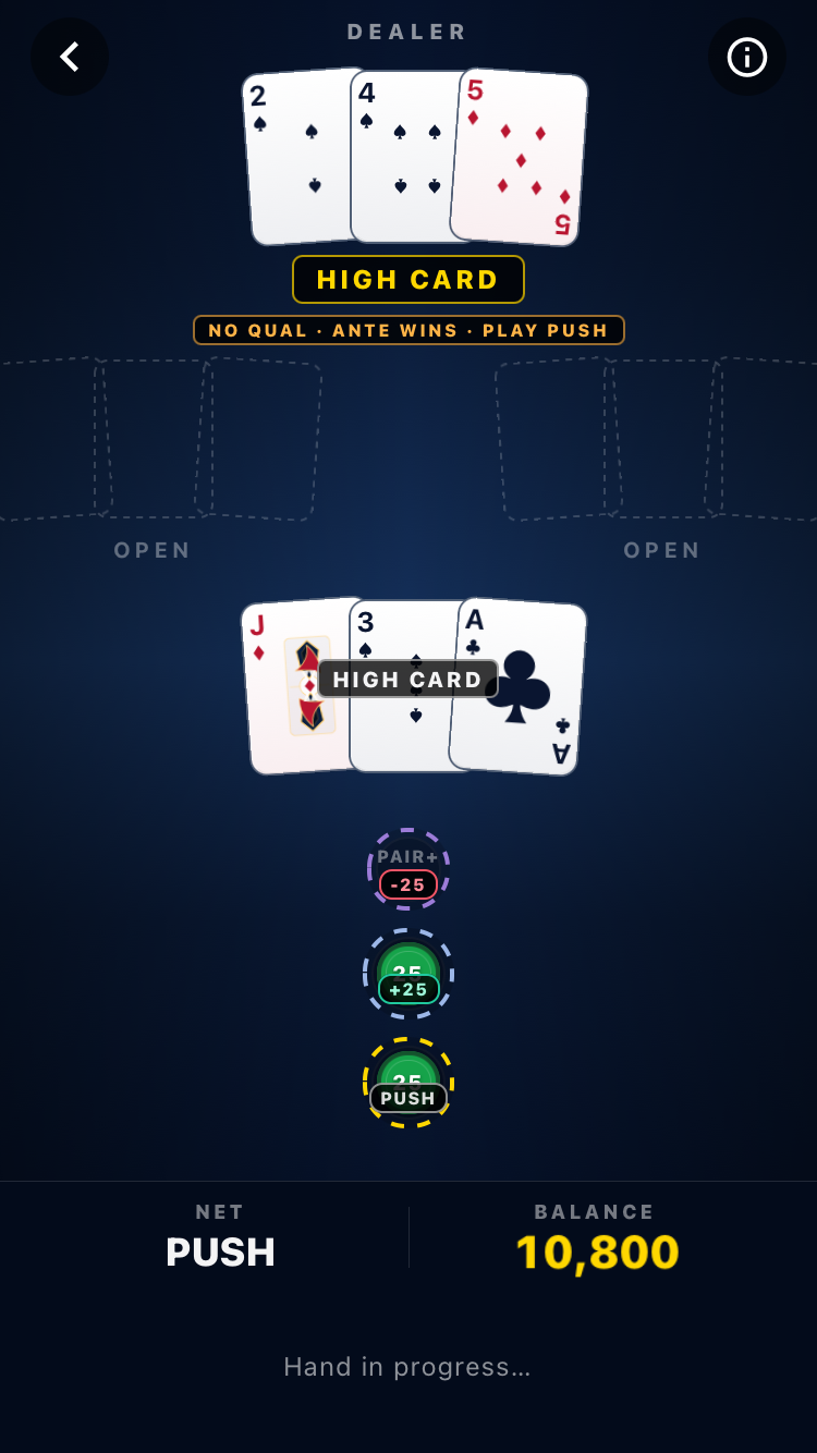 Trio Poker hand showing the dealer's 2-4-5 high card and the player's J-3-A high card