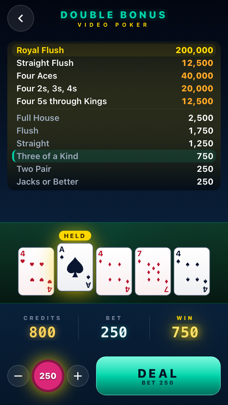 Double Bonus video poker with paytable and held cards